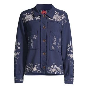 NEW! JOHNNY WAS Maree Embroidered French Terry Navy Button Down Size Small